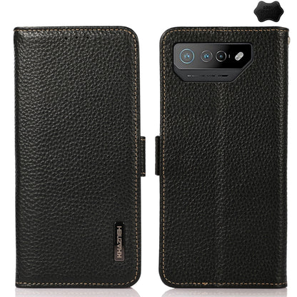 For Asus ROG Phone 7 KHAZNEH Side-Magnetic Litchi Genuine Leather RFID Phone Case(Black) - ASUS Cases by buy2fix | Online Shopping UK | buy2fix