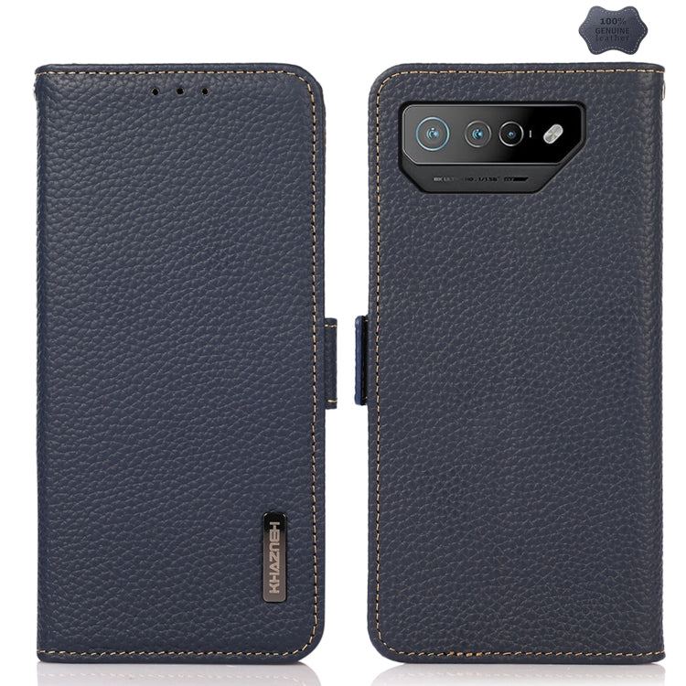 For Asus ROG Phone 7 KHAZNEH Side-Magnetic Litchi Genuine Leather RFID Phone Case(Blue) - ASUS Cases by buy2fix | Online Shopping UK | buy2fix