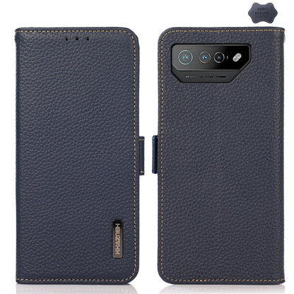 For Asus ROG Phone 7 KHAZNEH Side-Magnetic Litchi Genuine Leather RFID Phone Case(Blue) - ASUS Cases by buy2fix | Online Shopping UK | buy2fix