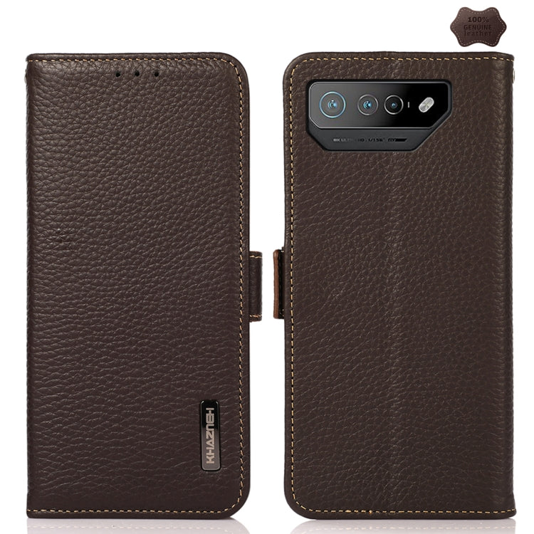 For Asus ROG Phone 7 KHAZNEH Side-Magnetic Litchi Genuine Leather RFID Phone Case(Brown) - ASUS Cases by buy2fix | Online Shopping UK | buy2fix