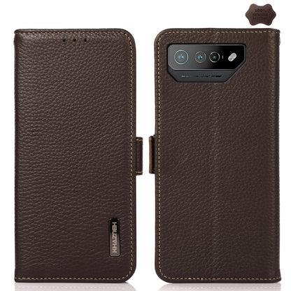 For Asus ROG Phone 7 KHAZNEH Side-Magnetic Litchi Genuine Leather RFID Phone Case(Brown) - ASUS Cases by buy2fix | Online Shopping UK | buy2fix