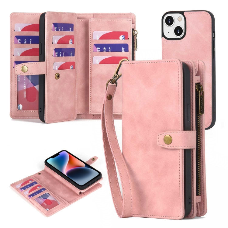 For iPhone 14 Plus Zipper Wallet Magnetic Detachable Leather Phone Case(Pink) - iPhone 14 Plus Cases by buy2fix | Online Shopping UK | buy2fix