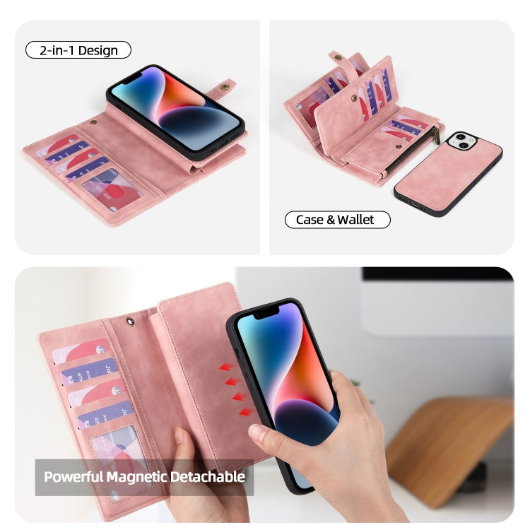 For iPhone 14 Plus Zipper Wallet Magnetic Detachable Leather Phone Case(Pink) - iPhone 14 Plus Cases by buy2fix | Online Shopping UK | buy2fix