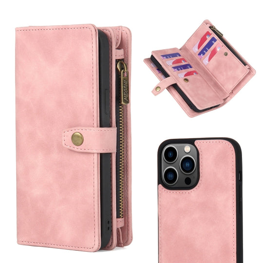 For iPhone 13 Pro Max Zipper Wallet Magnetic Detachable Leather Phone Case(Pink)