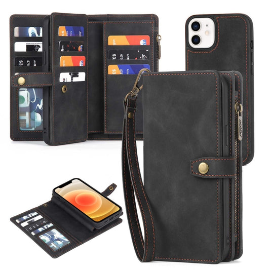 For iPhone 12 / 12 Pro Zipper Wallet Magnetic Detachable Leather Phone Case(Black) by buy2fix