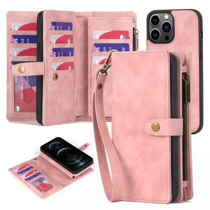 For iPhone 12 Pro Max Zipper Wallet Magnetic Detachable Leather Phone Case(Pink) - iPhone 12 Pro Max Cases by buy2fix | Online Shopping UK | buy2fix