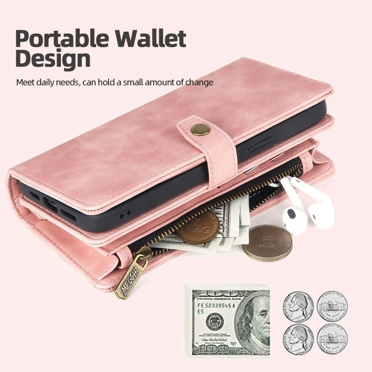 For iPhone 12 Pro Max Zipper Wallet Magnetic Detachable Leather Phone Case(Pink) - iPhone 12 Pro Max Cases by buy2fix | Online Shopping UK | buy2fix