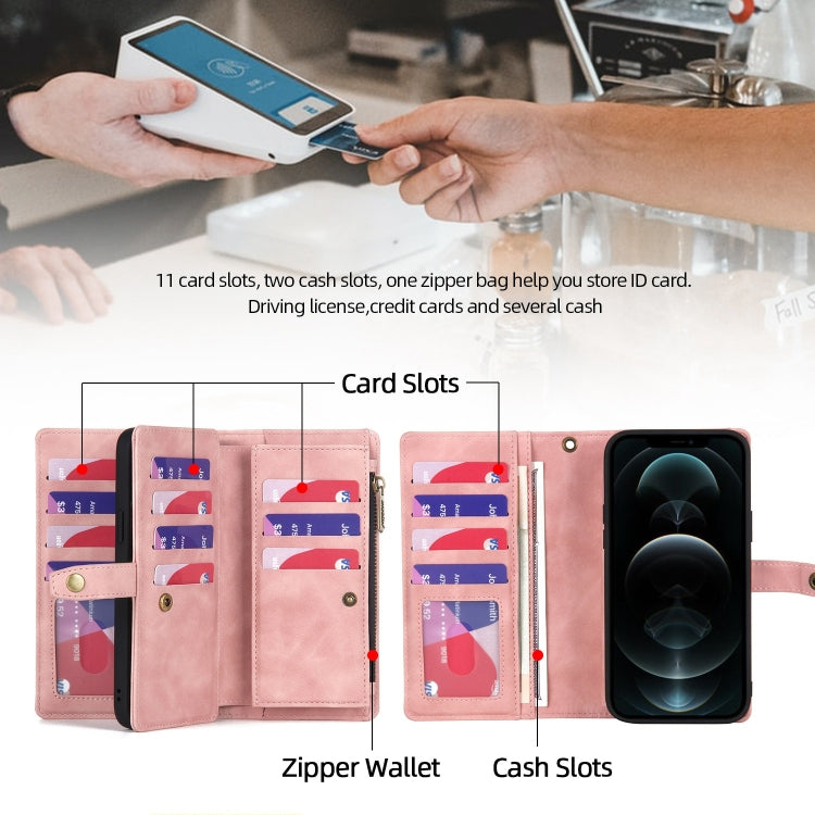 For iPhone 12 Pro Max Zipper Wallet Magnetic Detachable Leather Phone Case(Pink) - iPhone 12 Pro Max Cases by buy2fix | Online Shopping UK | buy2fix