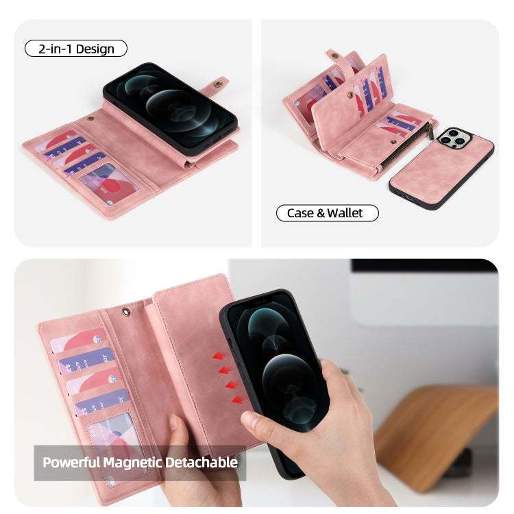 For iPhone 12 Pro Max Zipper Wallet Magnetic Detachable Leather Phone Case(Pink) - iPhone 12 Pro Max Cases by buy2fix | Online Shopping UK | buy2fix