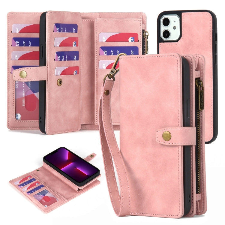 For iPhone 11 Zipper Wallet Magnetic Detachable Leather Phone Case(Pink) - iPhone 11 Cases by buy2fix | Online Shopping UK | buy2fix