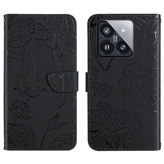 For Xiaomi 14 Pro Skin Feel Butterfly Embossed Flip Leather Phone Case(Black)
