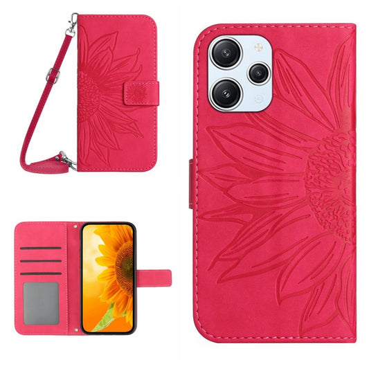 For Xiaomi Redmi 12 5G Skin Feel Sun Flower Embossed Flip Leather Phone Case with Lanyard(Rose Red) - Xiaomi Cases by buy2fix | Online Shopping UK | buy2fix