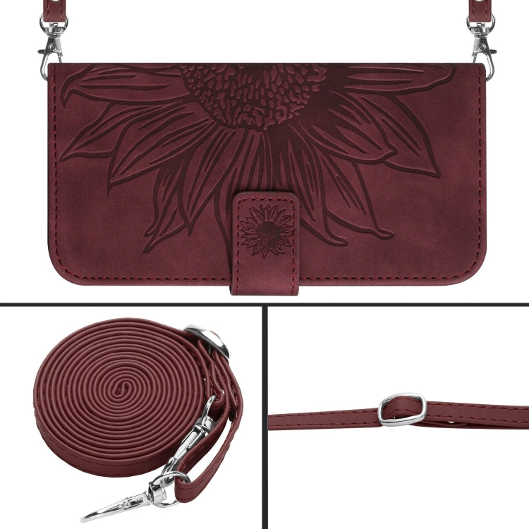 For Xiaomi Redmi 12 5G Skin Feel Sun Flower Embossed Flip Leather Phone Case with Lanyard(Wine Red) - Xiaomi Cases by buy2fix | Online Shopping UK | buy2fix