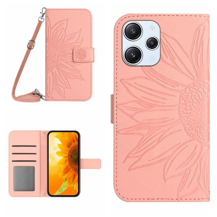 For Xiaomi Redmi 12 5G Skin Feel Sun Flower Embossed Flip Leather Phone Case with Lanyard(Pink) - Xiaomi Cases by buy2fix | Online Shopping UK | buy2fix