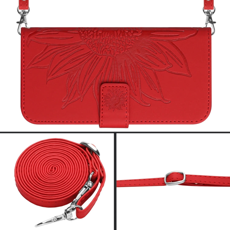 For Xiaomi Redmi 12 5G Skin Feel Sun Flower Embossed Flip Leather Phone Case with Lanyard(Red) - Xiaomi Cases by buy2fix | Online Shopping UK | buy2fix