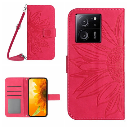 For Xiaomi 13T / 13T Pro Skin Feel Sun Flower Embossed Flip Leather Phone Case with Lanyard(Rose Red) - Xiaomi Cases by buy2fix | Online Shopping UK | buy2fix