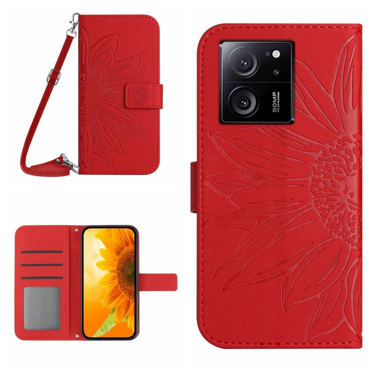 For Xiaomi 13T / 13T Pro Skin Feel Sun Flower Embossed Flip Leather Phone Case with Lanyard(Red) - Xiaomi Cases by buy2fix | Online Shopping UK | buy2fix