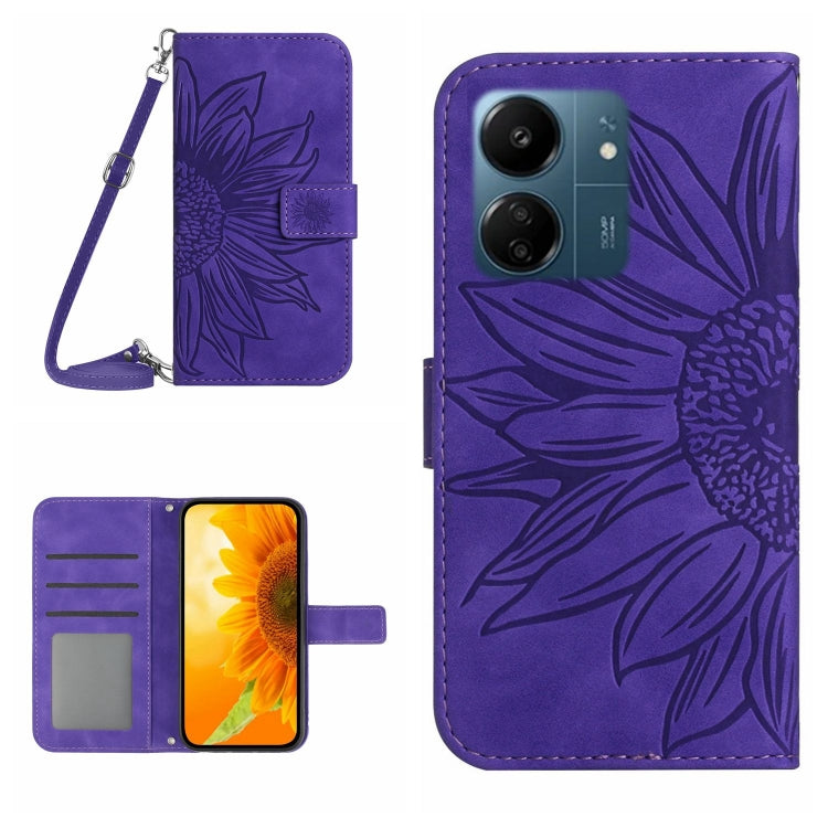 For Xiaomi Redmi 13C 4G Skin Feel Sun Flower Embossed Flip Leather Phone Case with Lanyard(Dark Purple) - 13C Cases by buy2fix | Online Shopping UK | buy2fix