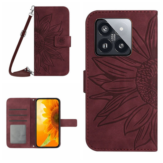 For Xiaomi 14 Skin Feel Sun Flower Embossed Flip Leather Phone Case with Lanyard(Wine Red) - 14 Cases by buy2fix | Online Shopping UK | buy2fix