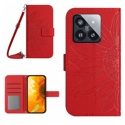 For Xiaomi 14 Skin Feel Sun Flower Embossed Flip Leather Phone Case with Lanyard(Red) - 14 Cases by buy2fix | Online Shopping UK | buy2fix