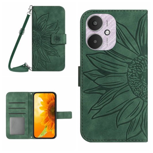 For Xiaomi Redmi 13C 5G Skin Feel Sun Flower Embossed Flip Leather Phone Case with Lanyard(Green) - 13C Cases by buy2fix | Online Shopping UK | buy2fix