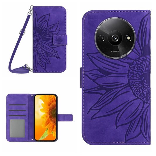 For Xiaomi Redmi A3 Skin Feel Sun Flower Embossed Flip Leather Phone Case with Lanyard(Dark Purple) - Xiaomi Cases by buy2fix | Online Shopping UK | buy2fix