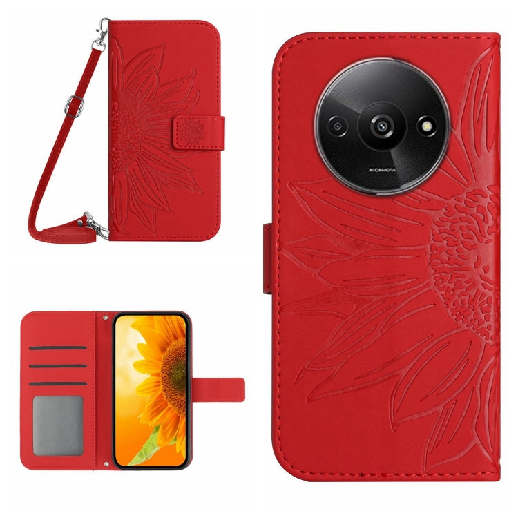 For Xiaomi Redmi A3 Skin Feel Sun Flower Embossed Flip Leather Phone Case with Lanyard(Red) - Xiaomi Cases by buy2fix | Online Shopping UK | buy2fix