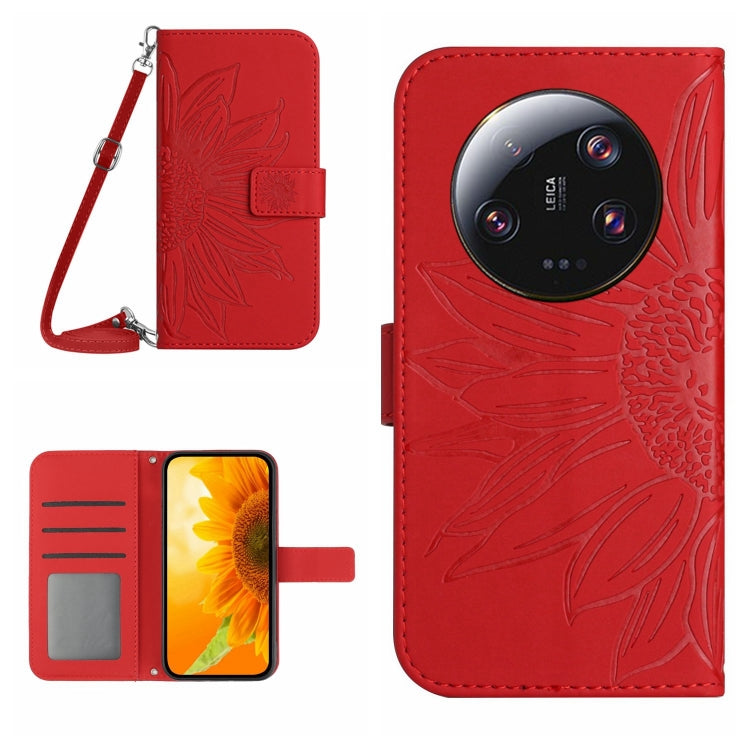 For Xiaomi 14 Ultra Skin Feel Sun Flower Embossed Flip Leather Phone Case with Lanyard(Red) - 14 Ultra Cases by buy2fix | Online Shopping UK | buy2fix