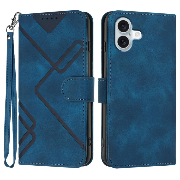 For iPhone 16 Plus Line Pattern Skin Feel Leather Phone Case(Royal Blue) by buy2fix