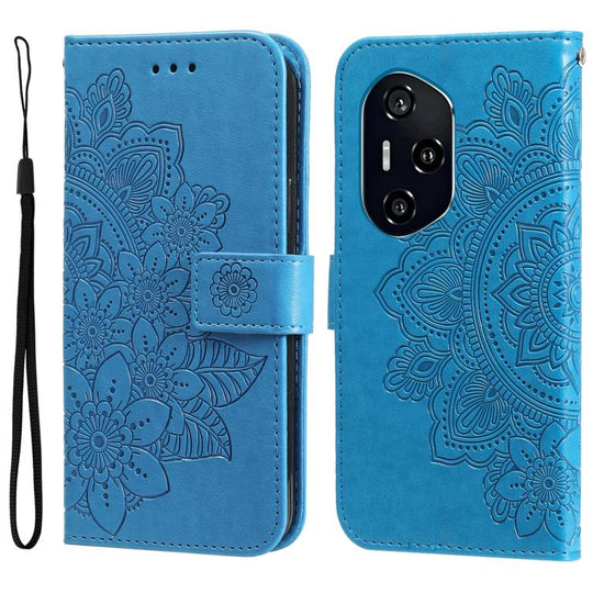 For Honor 400 Global 156.5mm Seven-petal Flowers Embossing Leather Phone Case(Blue)