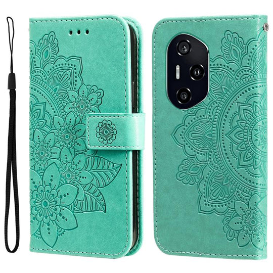 For Honor 400 Global 156.5mm Seven-petal Flowers Embossing Leather Phone Case(Green)