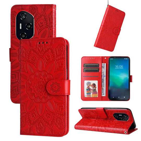 For Honor 400 Global 156.5mm Embossed Sunflower Leather Phone Case(Red)