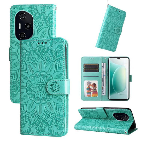 For Honor 400 Global 156.5mm Embossed Sunflower Leather Phone Case(Green)