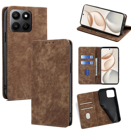 For Honor 400 Smart 5G RFID Anti-theft Brush Magnetic Leather Phone Case(Brown)
