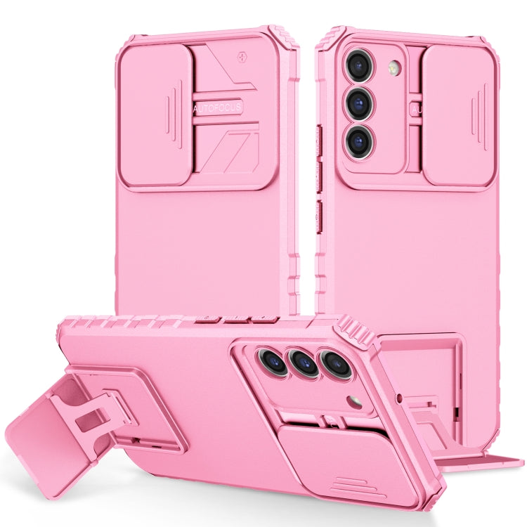 For Samsung Galaxy S22+ 5G Stereoscopic Holder Sliding Camshield Phone Case(Pink) - Galaxy S22+ 5G Cases by buy2fix | Online Shopping UK | buy2fix