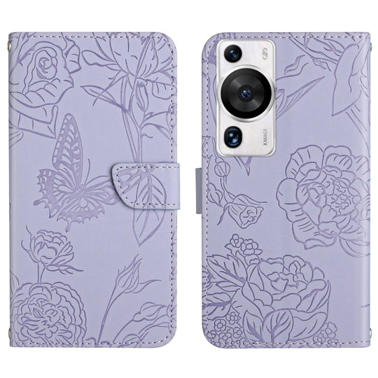 For Huawei P60 Pro HT03 Skin Feel Butterfly Embossed Flip Leather Phone Case(Purple)