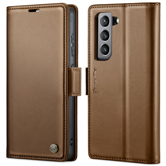 For Samsung Galaxy S21 FE 5G CaseMe 023 Butterfly Buckle Litchi Texture RFID Anti-theft Leather Phone Case(Brown)