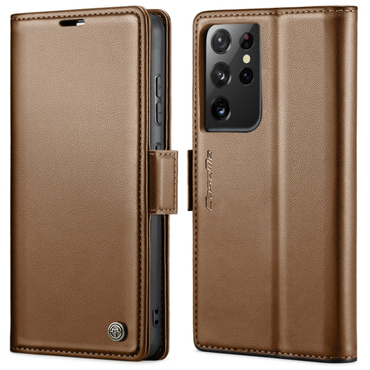 For Samsung Galaxy S21 Ultra 5G CaseMe 023 Butterfly Buckle Litchi Texture RFID Anti-theft Leather Phone Case(Brown) by CaseMe