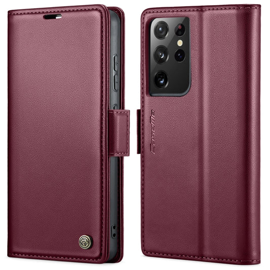 For Samsung Galaxy S21 Ultra 5G CaseMe 023 Butterfly Buckle Litchi Texture RFID Anti-theft Leather Phone Case(Wine Red) by CaseMe