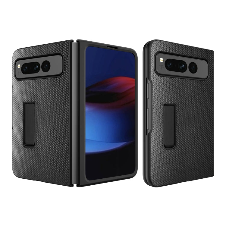 For Google Pixel Fold Litchi Texture Integrated Shockproof Phone Case with Holder(Carbon Fibre Black) - Google Cases by buy2fix | Online Shopping UK | buy2fix