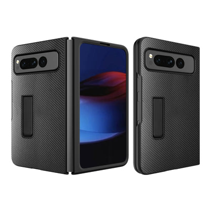 For Google Pixel Fold Litchi Texture Integrated Shockproof Phone Case with Holder(Carbon Fibre Black) - Google Cases by buy2fix | Online Shopping UK | buy2fix