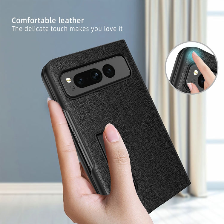 For Google Pixel Fold Litchi Texture Integrated Shockproof Phone Case with Holder(Carbon Fibre Black) - Google Cases by buy2fix | Online Shopping UK | buy2fix