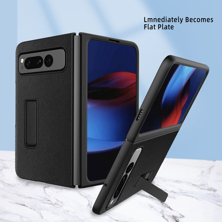 For Google Pixel Fold Litchi Texture Integrated Shockproof Phone Case with Holder(Carbon Fibre Black) - Google Cases by buy2fix | Online Shopping UK | buy2fix