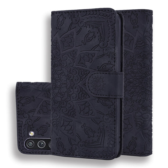 For Samsung Galaxy M11 Embossed Sunflower Pattern Horizontal Flip PU Leather Case with Holder & Card Slots & Wallet & Lanyard(Black)