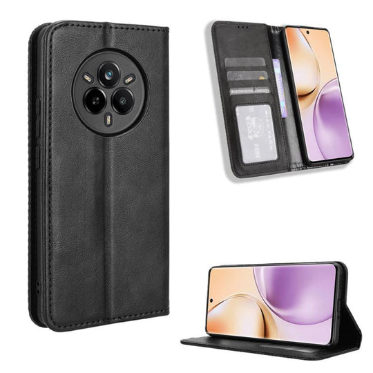 For Realme 14 Pro 5G Magnetic Buckle Retro Texture Leather Phone Case(Black)