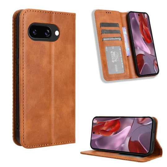 For Google Pixel 9a Magnetic Buckle Retro Texture Leather Phone Case(Brown)