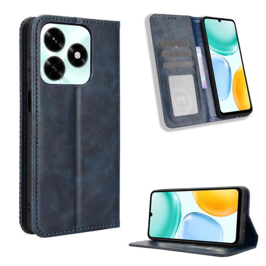 For Honor X5c Plus 4G Magnetic Buckle Retro Texture Leather Phone Case(Blue)