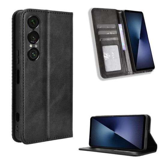 For Sony Xperia 1 VII Magnetic Buckle Retro Texture Leather Phone Case(Black)