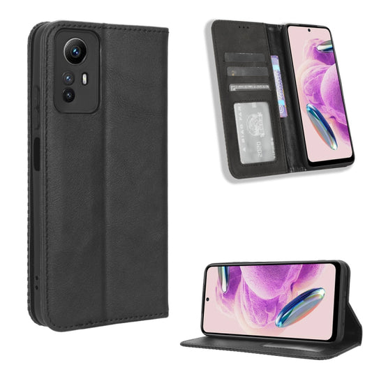For Xiaomi Redmi Note 12S 4G Magnetic Buckle Retro Texture Leather Phone Case(Black) - Xiaomi Cases by buy2fix | Online Shopping UK | buy2fix