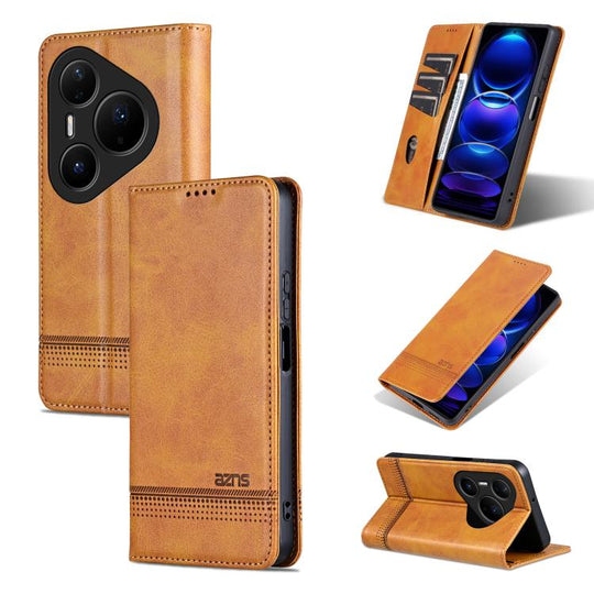 For Huawei Pura 80 Ultra 5G AZNS Magnetic Calf Texture Flip Leather Phone Case(Light Brown)